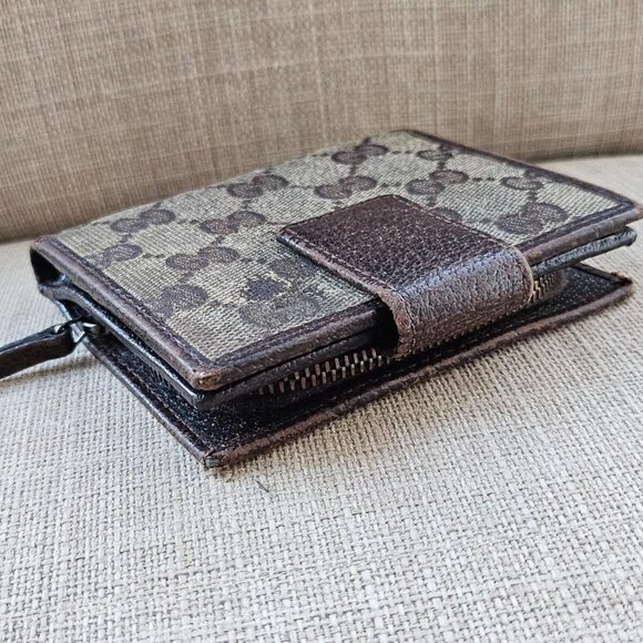 Auth Gucci Card Holder Brown Leather Canvas GG Logo Bifold Wallet made in Italy - Picture 5 of 13